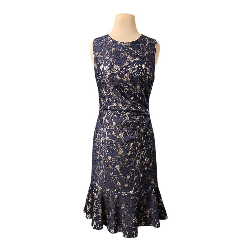 Eliza J Navy Blue Lace with Nude Underlay Ruched Side Sleeveless Dress, Size 6